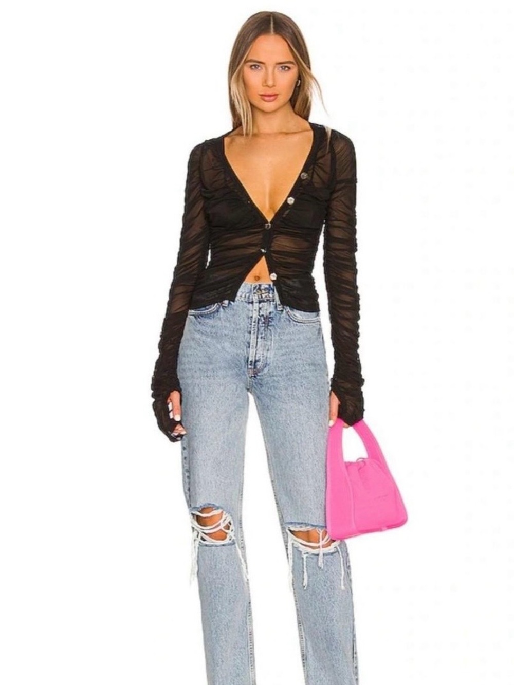 NWT: Wanted Sheer Black Ruched Button-Front Top/Sweater